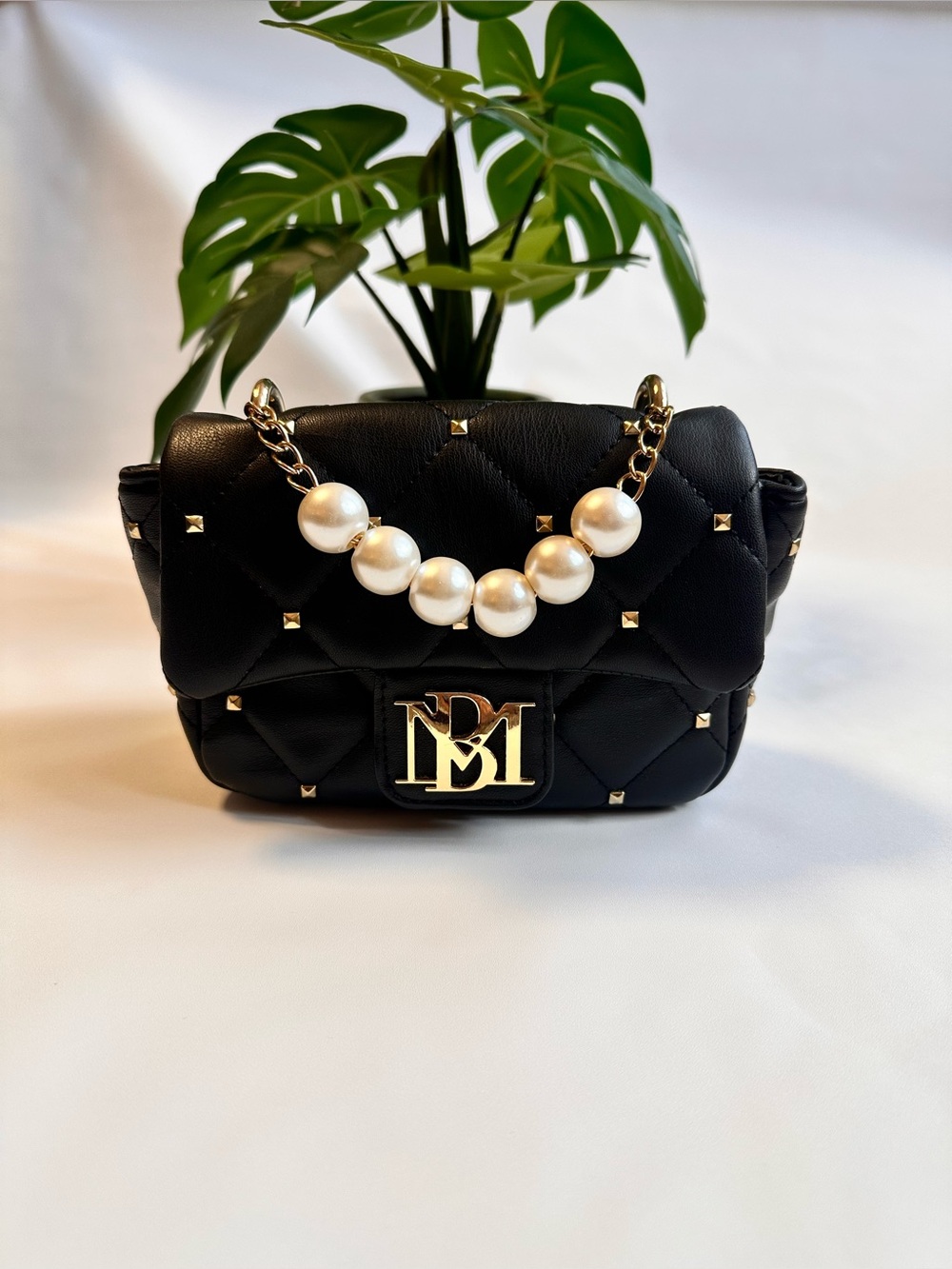 Badgley Mischka Black Quilted Mini Shoulder Bag with Pearl Chain